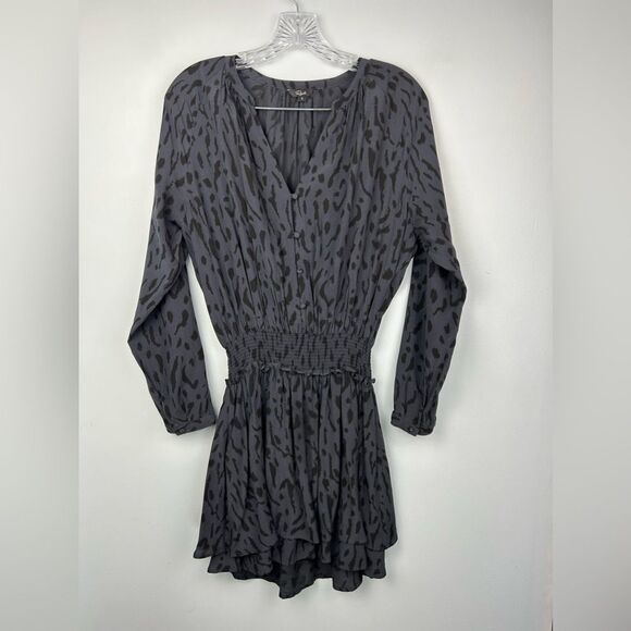 RAILS Jasmine Dress Ash Cheetah Mini Long Sleeve Button Details Tiered Skirt S - Picture 1 of 13